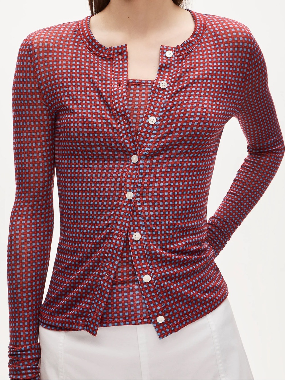 J. Crew Red and Light Blue Checked Button-Front Top